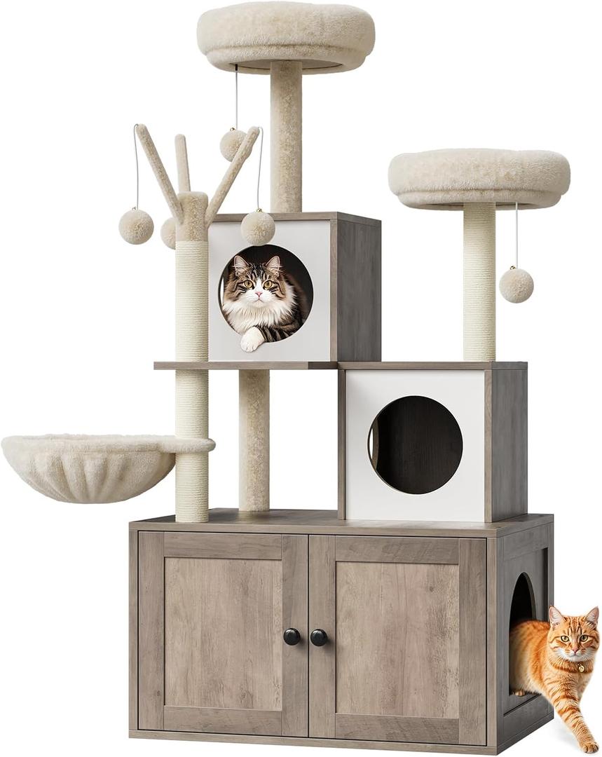 Litter Box Enclosure with Cat Tree Tower and Condo Brush Post and Passage Hidden Cat Washroom Furniture with Sisal Scratching Post & Soft Plush Perch Wooden Cat Furniture with Multiple Platforms