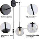 KUZZULL Wall Sconces Set of Two Black Plug in Wall Sconces Set of 2 with Globe Clear Glass Shade Wall Lights Wall Lamps for Bedrooms Sconces Wall Decor Set of 2 with Plug in Cord Switch for Bedside