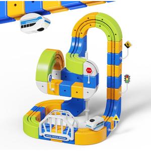 Electric Train Set for Kids Ages 3-8, 124 Pcs 3D Track & 1 Train | Snap flexible 3D pieces into loops & upside-down climbs, USB train races with soft LED lights, 36 track, 1 train
