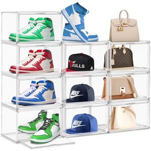 10 Pack Acrylic Shoe Storage Box Clear Plastic Stackable Acrylic Display Case with Magnetic Door Sneaker Storage for Sneakerheads Large Hat Shoe Boxes, Fit up to US Size 14