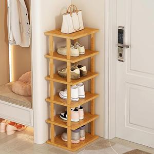 Stackable Bamboo Shoe Rack Six Tier, Narrow Wood Shoe Organizer Behind Door, Multiple Shoe Storage Heavy Duty Large Capacity Waterproof Shoe Shelf for Entryway Closet Yellow