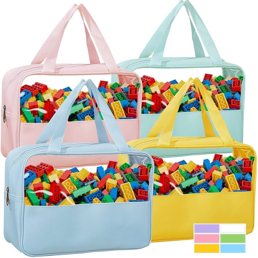 4-Pack Toy Storage Bags with Zipper, Clear Pvc Organizing Bags, Toy Organizer Bag with Portable Handheld Device, Toy Bag for Board Games Clay, Building Blocks, Toys