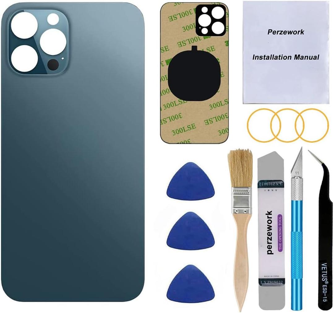 OEM Rear Back Glass Replacement (Pacific Blue) Compatible with iPhone 12 pro max 6.7 inches All Carriers with Pre-Installed Adhesive and Repairing Tool Kits