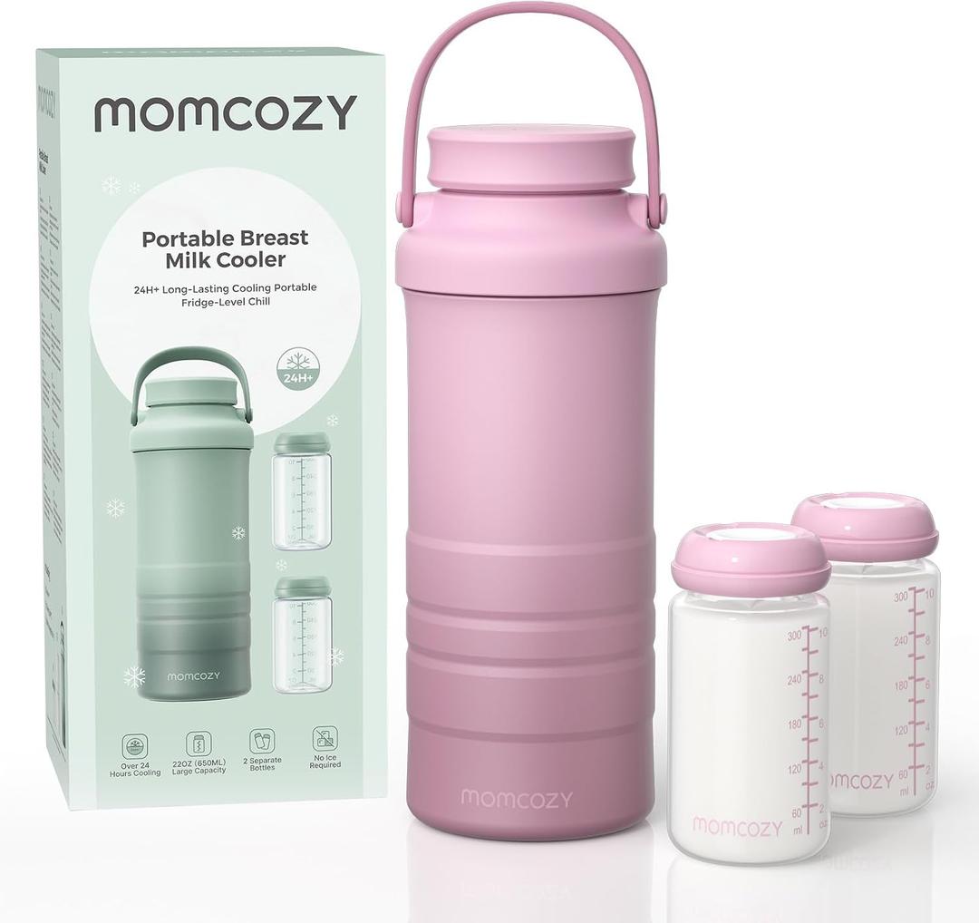 Momcozy 22oz Portable Breast Milk Cooler for Outdoor, Life Saver with 360 Total Cooling for 24 Hours, Larger Capacity Travel Breastmilk Chiller with 2pcs Baby Bottles for Breastmilk Storage