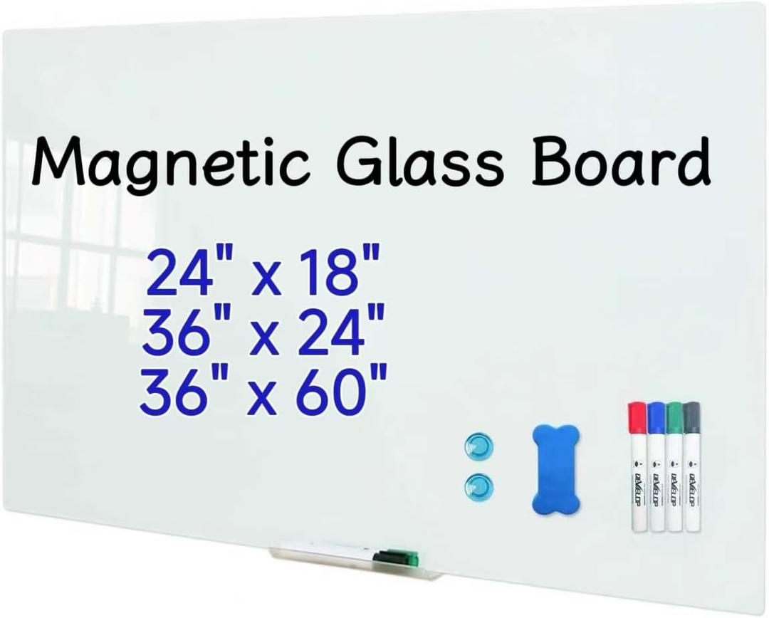 DEVELOP Magnetic Glass Whiteboard, 24 x 18 Inches (60 x 45 cm), Small Tempered Glass Dry Erase Board for Wall, Frameless Whiteboards with Marker Tray, 4 Markers, 2 Magnets, 1 Eraser