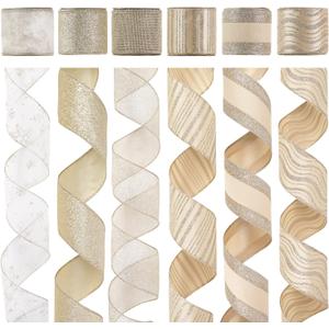HUIHUANG Champagne Christmas Ribbon Wired Gold Tree Ribbon 6 Rolls Glitter Christmas Wired Edge Ribbons for X-mas Tree, Gift Wrapping, Wreaths, Garland, Home Decor (2.5" Wide, 36 Yards Total)