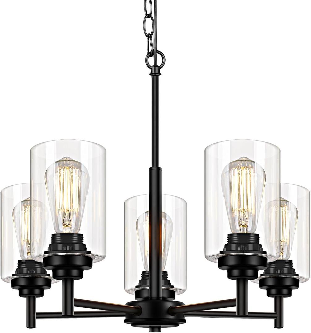 5-Light Chandelier for Dining Room Kitchen Island Modern Farmhouse Pendant Lighting with Clear Glass Shades Industrial Black Hanging Ceiling Light Fixture for Living Room, Height Adjustable
