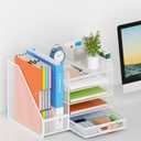 Lavatino Desk Organizer with File Holder, 5-Tier Paper Letter Tray Organizer with Sliding Drawer and 2 Pen Holder, Mesh Desktop File Organizer for Office Supplies, White