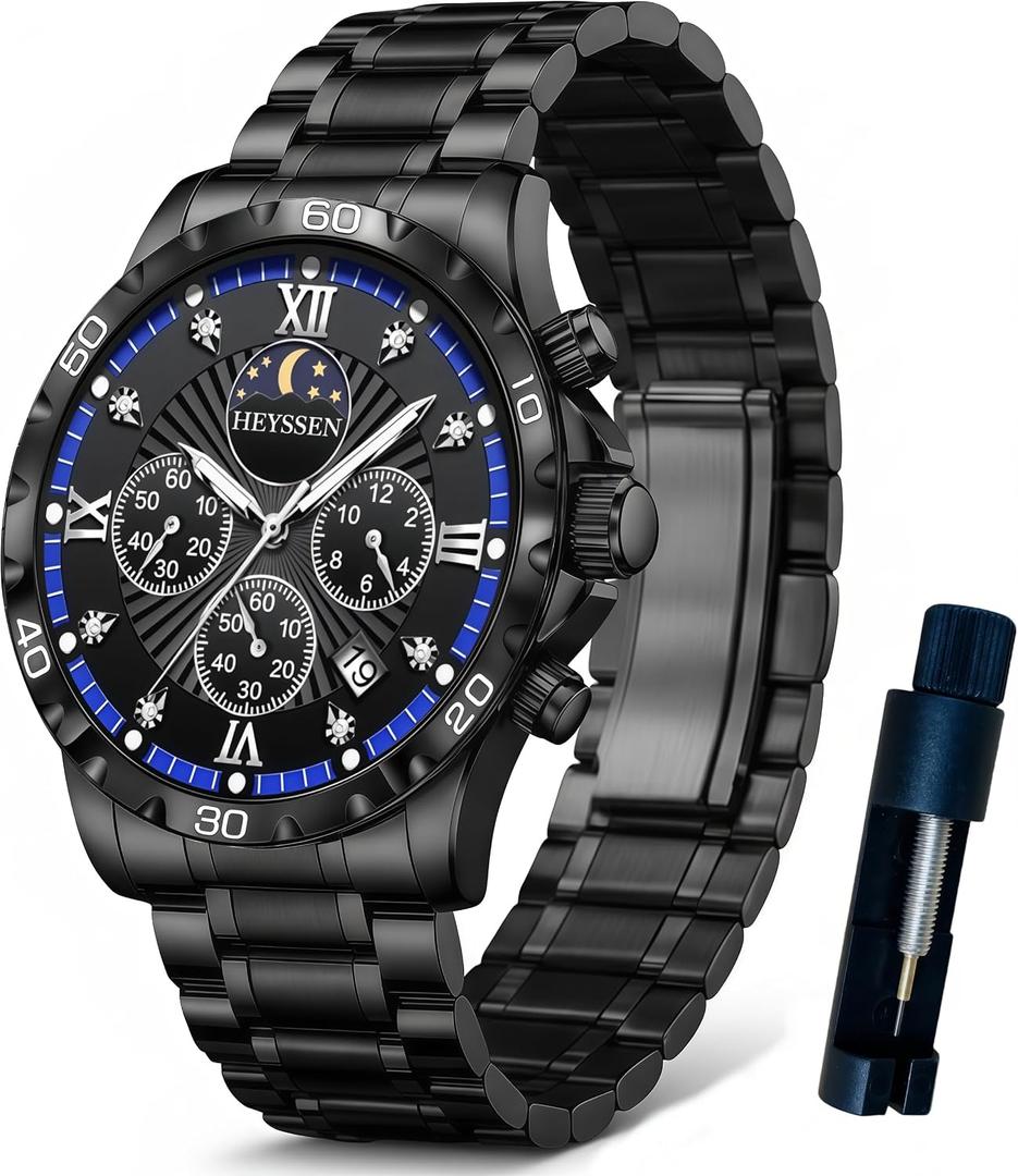 Watches for Men Stainless Steel: Dress Watch for Mens Quartz Analog Wrist Luxury Black Metal Tone Blue Dial Big Classic Diver Waterproof Chronograph Black Face Business Man Gift