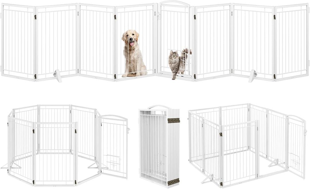 Metal Freestanding Dog Gate with Cat Door for Indoor/Outdoor,160" Extra Wide Foldable Pet Gate,32" Tall Foldable Indoor Dog Fence for Large Openings Stairs,Deck,Yard,Doorways(8 Panels,White)