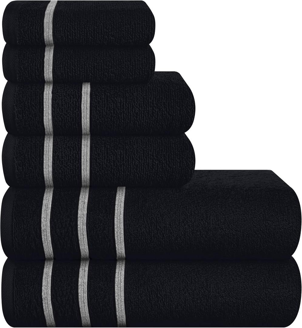 MyOwn Ultra Soft 6 Pack Cotton Towel Set, Contains 2 Bath Towels 28x55 inch, 2 Hand Towels 16x24 inch & 2 Wash Coths 12x12 inch, Ideal Everyday use, Compact & Lightweight - Black