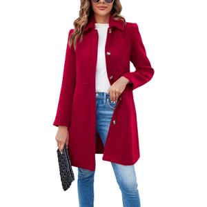 Fisoew Womens Elegant Single Breasted Coat Long Sleeve Mid Winter Overcoat Work Office Pea Coats (Medium, Red)