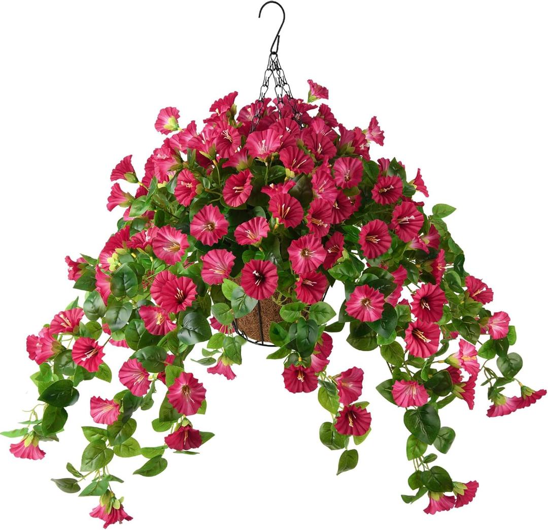 Homsunny Artificial Hanging Fake Flowers with Basket Plants for Outdoor Decoration, Faux Silk Flower UV Resistant Morning Glory for Home Porch Patio Garden Balcony Yard Look Real (Red)