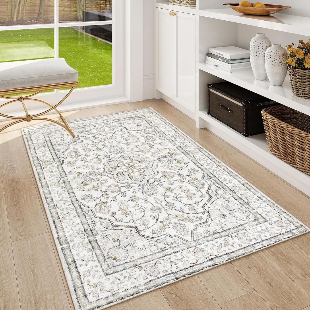 Lahome Oriental Washable Rugs 3x5, Rug for Entryway Indoor Non-Slip, Ultra-Thin Soft Boho Area Rug for Bedroom, Traditional Vintage Low-Pile Entry Throw Rugs Mats for Bathroom Kitchen Helena, Beige