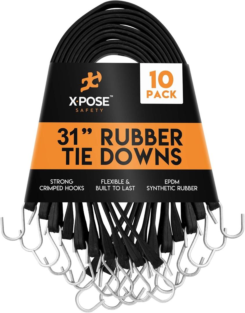 Rubber Bungee Cords with Hooks - Black EPDM Synthetic Heavy-Duty Rubber Tie Down Straps for Outdoor, 31 inch 10 Pack (47" Max Stretch) Tarp Covers, Canvas Canopies, Motorcycle, Cargo - Xpose Safety
