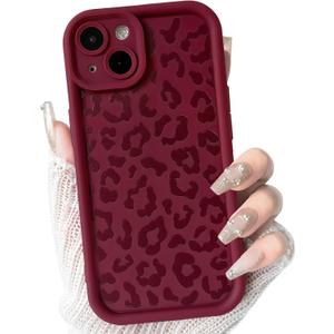NITITOP Compatible with iPhone 15 Case Cute Stylish Leopard Print Design for Women Girls Men Artistic Soft TPU Shockproof Protective Full Camera Protection Cover - Wine Red