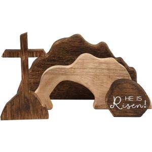 Easter Tiered Tray Decor 4PCS Jesus Tomb Tray Bundle Kit Wooden Religious Easter Decorations Farmhouse He is Risen Signs Easter Tray Decor for Home Table (4P)