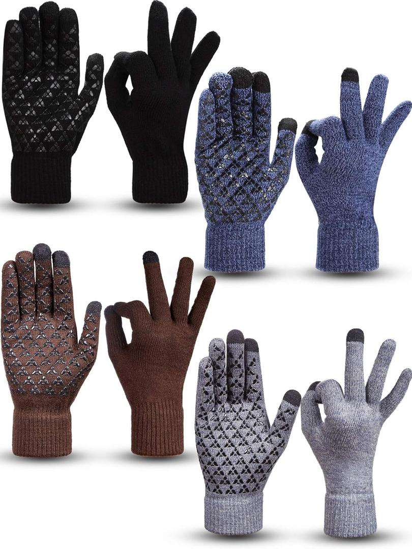 SATINIOR 4 Pairs Winter Knit Touchscreen Gloves Warm Texting Gloves Elastic Anti-slip for Adults (Large, Black, Navy, Coffee, Grey)