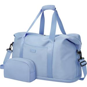 Expandable Travel Duffle Bags Weekender Overnight Bags for Women Men Hospital Bag for Women Labor Delivery with Toiletry Bag Waterproof (Large, Light Blue)