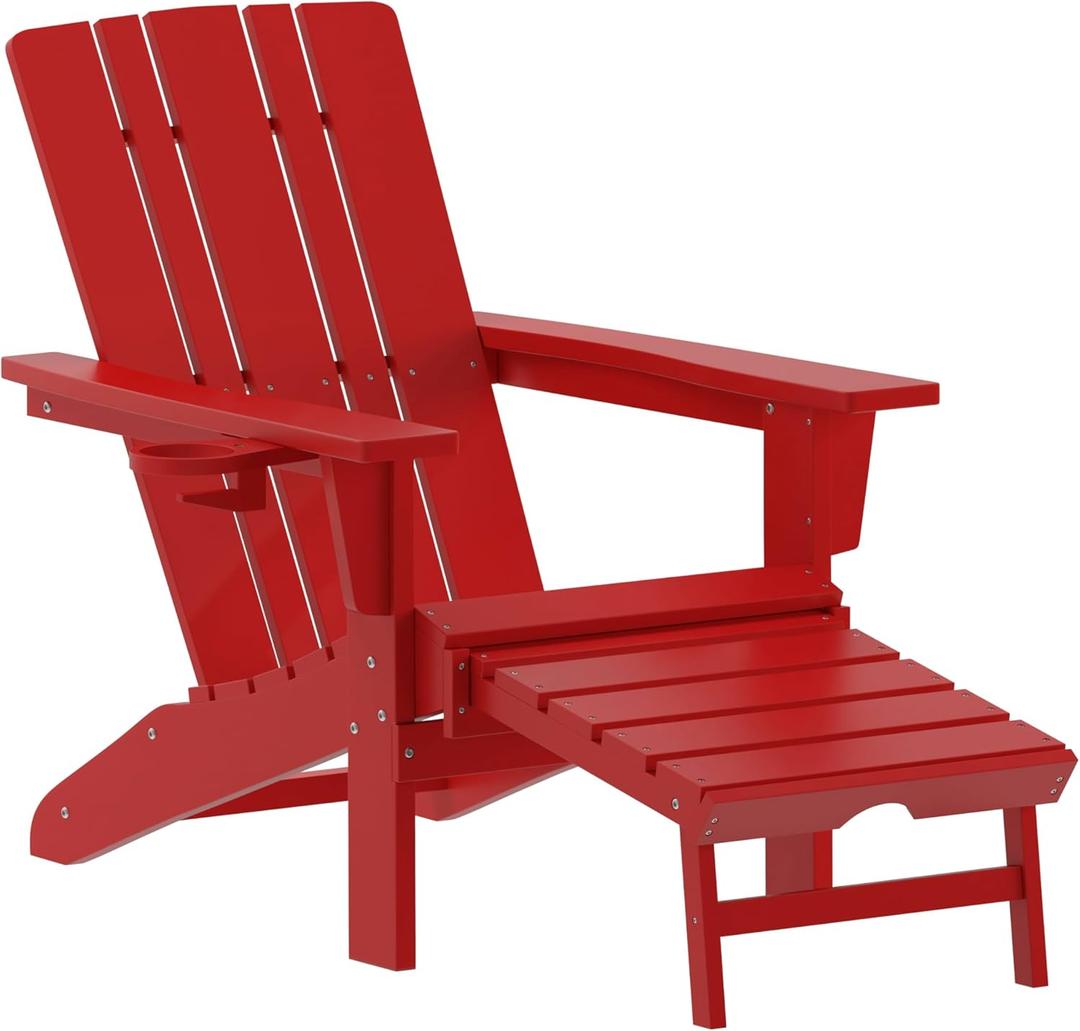 Flash Furniture Halifax Poly Resin Adirondack Chair with Cup Holder and Pull Out Ottoman, All-Weather Poly Resin Indoor/Outdoor Lounge Chair, Red (Set of 1)