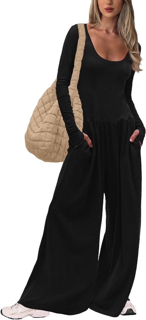 UNIANKIYA One Piece Jumpsuits for Women Casual Long Sleeve Wide Leg Overalls Dressy Rompers Vacation Fall Outfits 2025 (Large, Black)