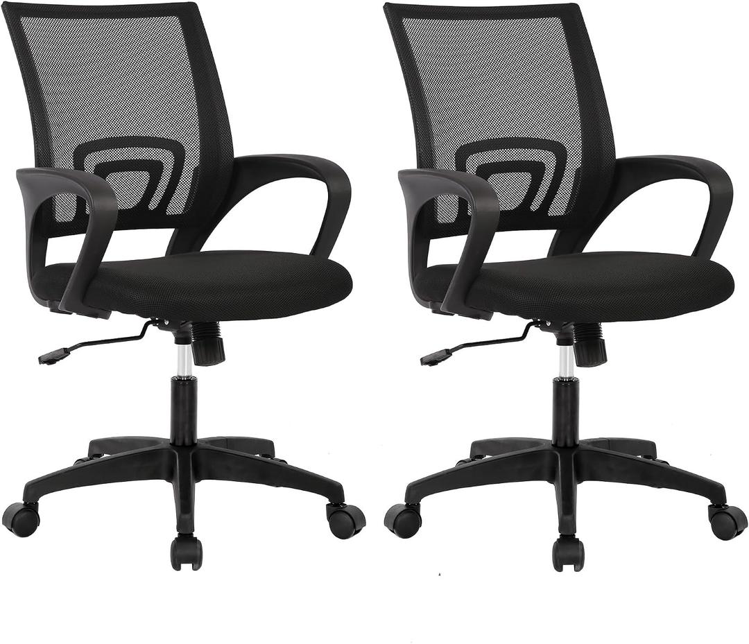BestOffice | Ergonomic Office Chair | Mid-Back Swivel Desk Chair | Breathable Backrest & Lumbar Support | Adjustable Height | Sponge Seat | Rolling Wheels | Black | for Adults & Women | Pack of 2