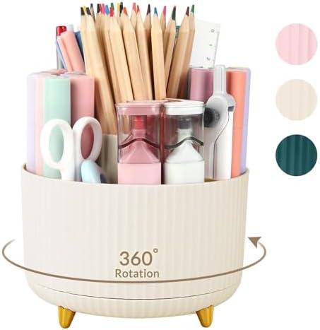 SKYDUE 360 Rotating Plastic Desk Pen Organizer with 5 Slots, Dual-Purpose Art Supply Pencil Cup for Office, School, Home
