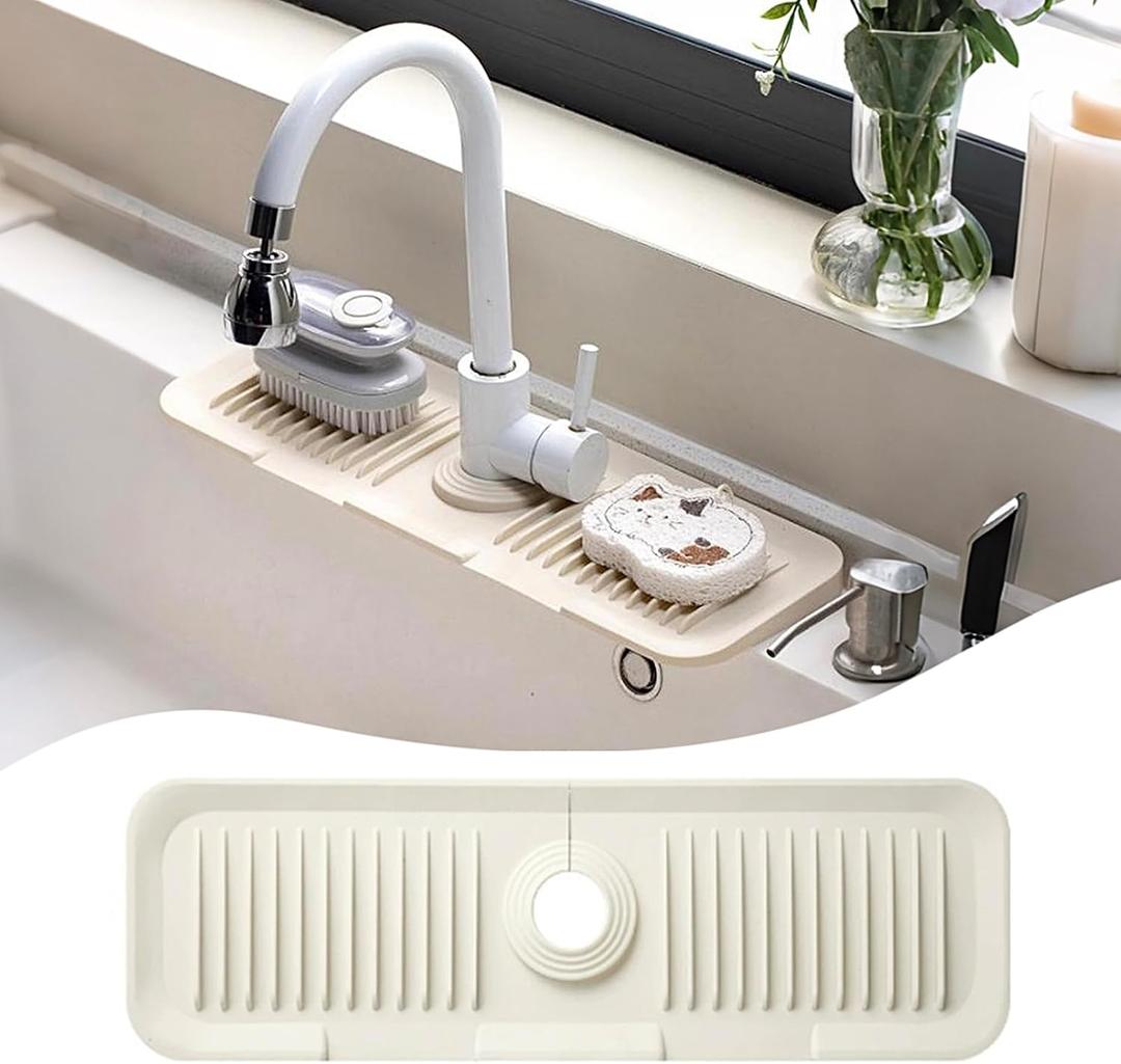 2 x Faucet Mat for Kitchen Sink, 17.7" x 5.5" kitchen sink splash guard 5Slope Fast Draining Design Faucet Guard & Draining Mat silicone sink splash guard, Beige