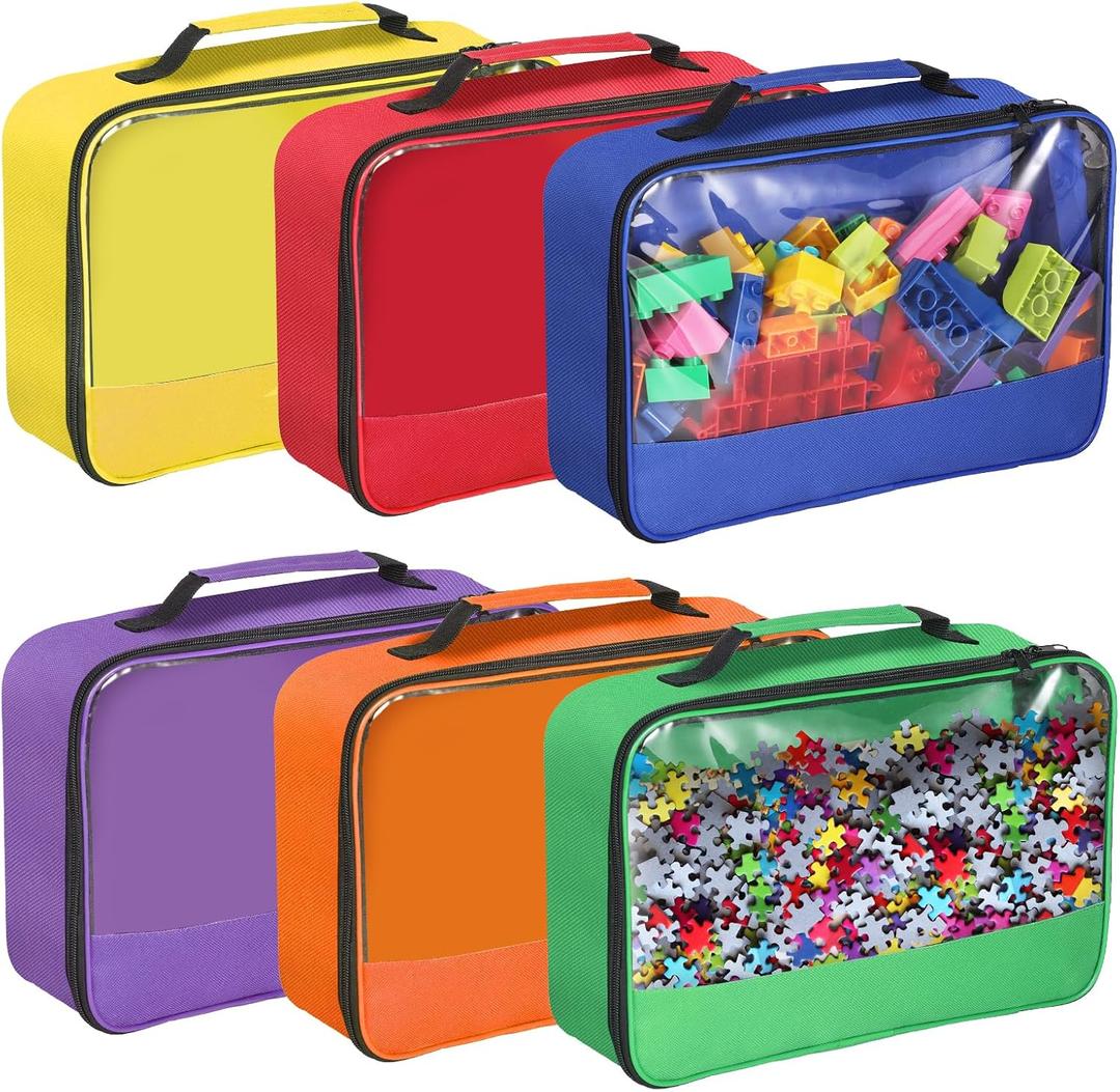 6 Pack Toy Storage Bags with Zipper, Reusable Organizing Bags with Portable Handle, Travel Case for Building Blocks, Bricks, Puzzles, Books, Board Game Storage
