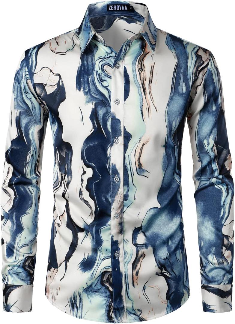 ZEROYAA Men's Hipster Printed Slim Fit Long Sleeve Button Up Satin Dress Shirts (103-beige) S