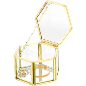 NATGAI Vintage Glass Jewelry Box with Lid, Golden Geometric Ring Display Holder Box, Wedding Ring Box for Necklace, Earrings, Home Decor Gift for Women (3.1 x 1.4 x 1.8 inch)