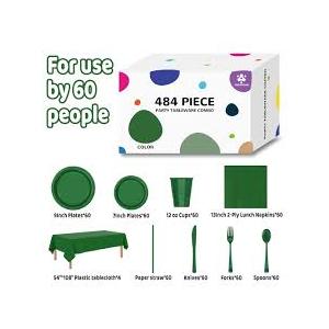 484 Pcs Plastic Dinnerware Set Includes 60 Of Each 9" Dinner Plates |7" Dessert Plates|12 oz Plastic Cups | Napkins|Straws|Spoons, Forks & Knives (Green, 484PCS（60 Guests）)