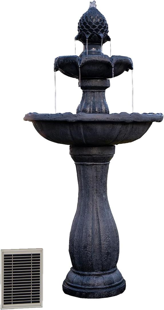 XBrand 44" Solar Powered 2-Tier Outdoor Water Fountain, Fiberglass Resin Fountain with Auto Shut-Off Pump, Black