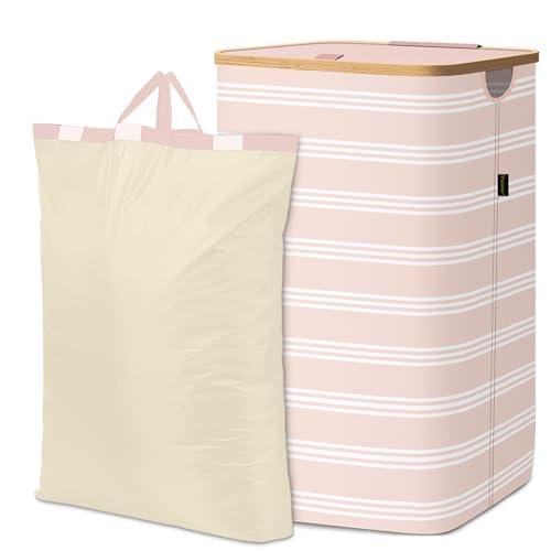 BALEINE Laundry Hamper with Lid, Tall Laundry Baskets with Bamboo Pull Handles, Large Laundry Bin with Internal Support (26 Gal/100L, Pink Pinstripe)