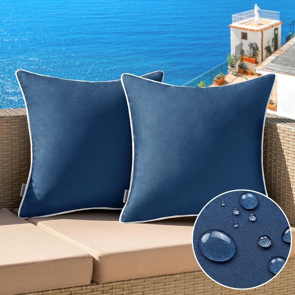 MIULEE Pack of 2 Outdoor Waterproof Pillow Covers Decorative Farmhouse Throw Pillow Covers Square Solid Color Couch Cushion Covers for Patio Tent Bed Sofa Living Room 16x16 Inch, Navy Blue