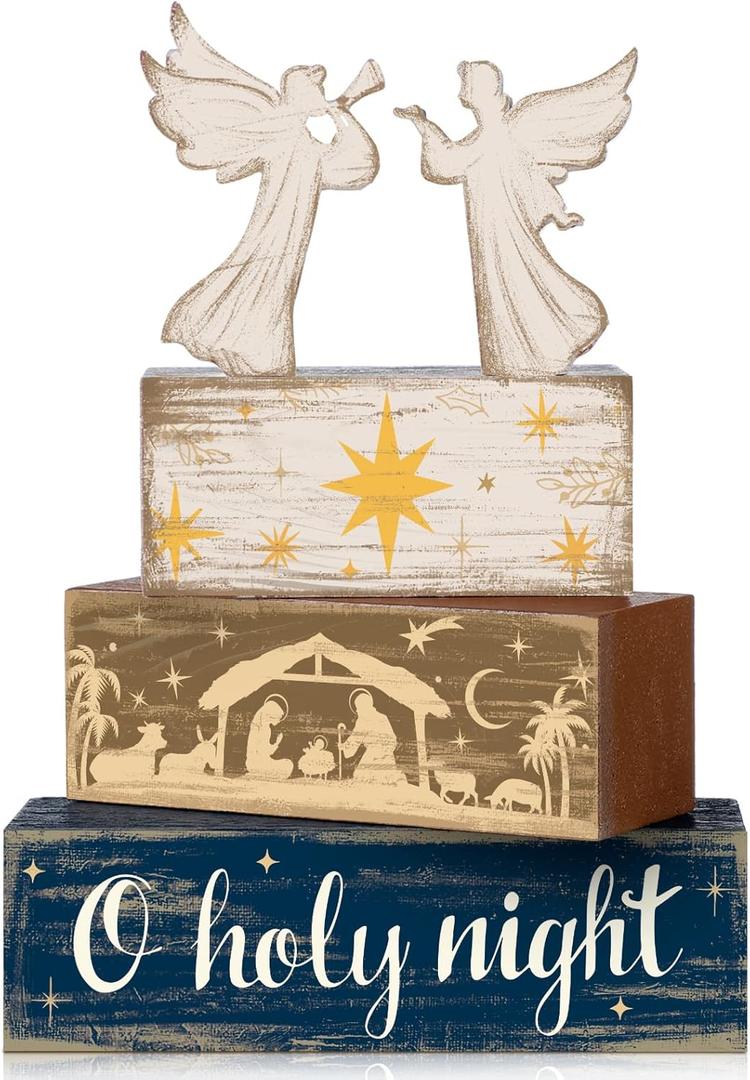4 Pcs Christmas Angel Table Decor Christmas Wooden Decorative Signage Nativity Scene Tiered Tray Decor Xmas Centerpieces Farmhouse Wooden Block Set Xmas Table Sign for Home