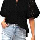 BTFBM Womens Blouses Summer Hollow Out Eyelet Embroidery Tops V Neck Buttons Puff Sleeve Boho Shirts Spring Fashion 2026 (Black, XL)
