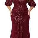 Women's Plus Size Off Shoulder Puff Sleeve Sequin Formal Maxi Dress Evening Party Gowns, 1XL