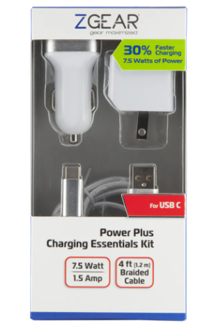 ZGear Power Plus Charging Essentials 3 Pc Kit 7.5Watt 4Ft