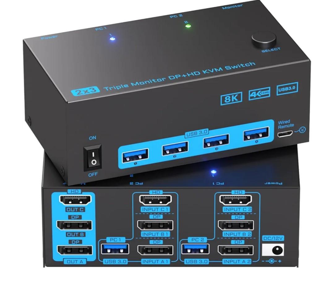 KVM Switch 3 Monitors 2 Computers, Reyoten 8K60Hz KVM Switches,3 Monitors 2 Computers HDMI DP Switch, 4K144Hz Switch for 2 PCs Share Monitor Keyboard Mouse Printer with 2 USB Cables, Power Adapter