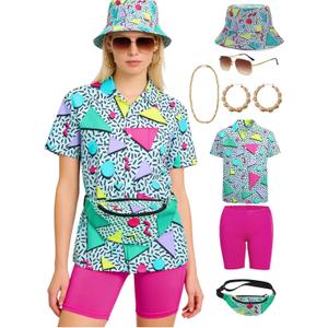 Verceco 80s 90s Outfits for Women Unisex Hip Hop Women Costume Accessory Sets Retro 90s Themed Party Outfits 7PC 80s Fashion Clothes (Green, XL)