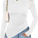 ZESICA Women's Off The Shoulder Tops 2026 Long Sleeve Y2K Asymmetrical Ruched Fitted Shirts Spring Trendy Going Out Top (Medium, White)