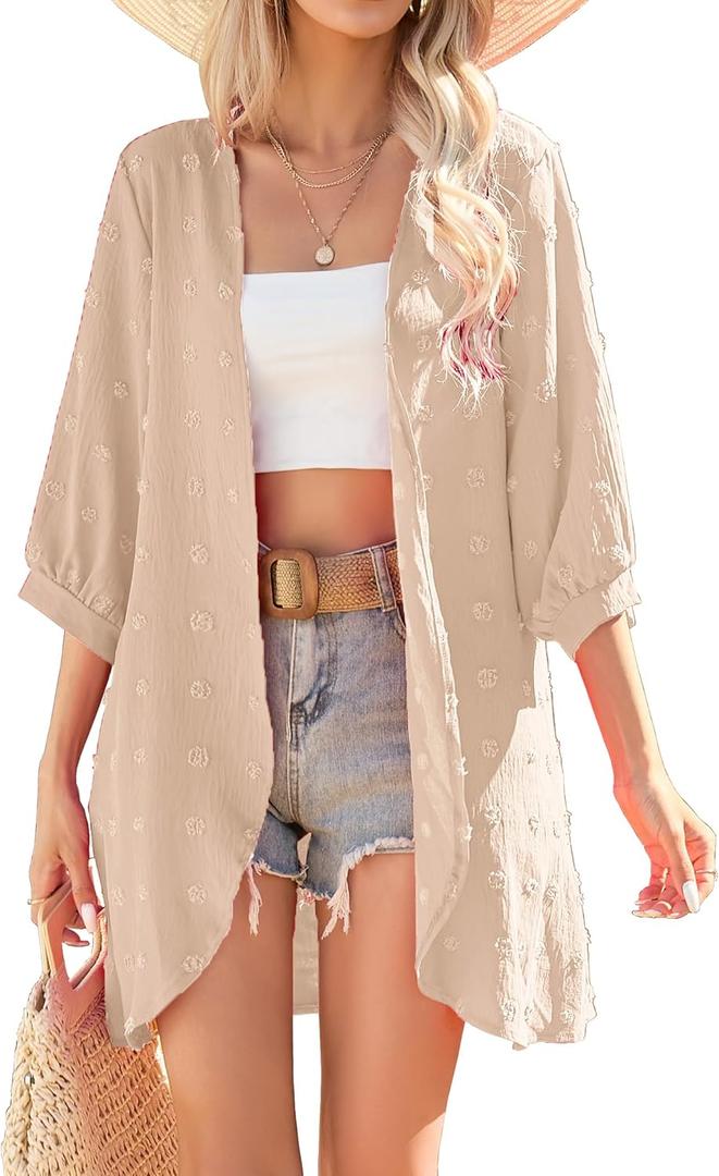 Yekaty Cardigan for Women 3/4 Sleeve Lightweight Summer Kimono Cardigan Loose Beach Cover Up 2026 (Beige, XXXL)