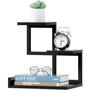Gannyfer Desk Shelf Organizer - Wood Desktop Shelf, Freestanding Desk Hutch Office Decor, 3 Tier Storage Display Rack, Small Bookshelf with Metal Frame for Books/Plants/Toys (Black)