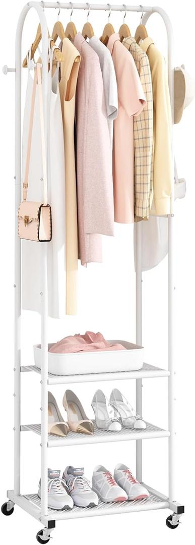 Kaitiemoo Heavy Duty Clothing Rack with Wheels,Modern Garment Rack with 3 Metal Shelves, 71.8Inches Display Rack for Hanging Clothes, Hanging Rod for Small Spaces,White