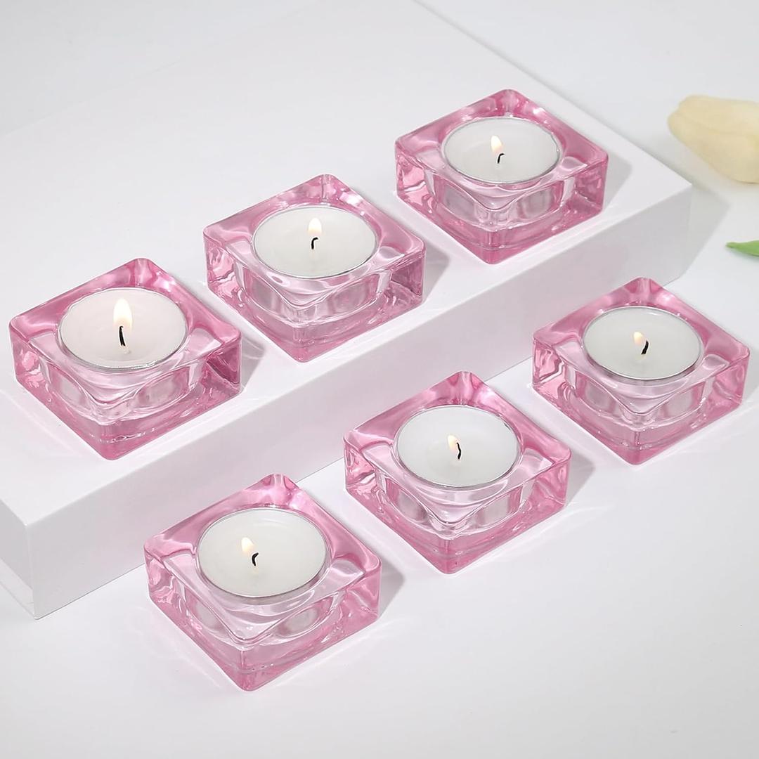 Tealight Candle Holder Set of 6, Pink Glass Candle Holder Heat-Resistant Square Holders for Wedding, Party, Home Dcor