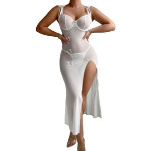 Sexy Butterfly Split Leg Underwire Sheer Mesh Maxi Lingerie Dress with Thong 2 Piece Set (Small)