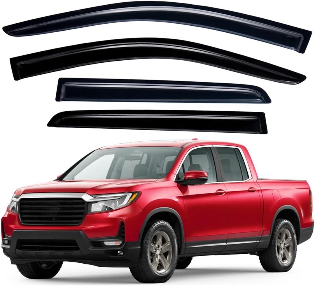 Lightronic Extra Durable Outside-Mount Auto Vent Window Visor, Fits 2017-2025 Honda Ridgeline, Crew Cab, UV Protection Rain Guard, Original Wind Deflector, No-Drill Easy Install, Dark Smoke, 4-Pcs
