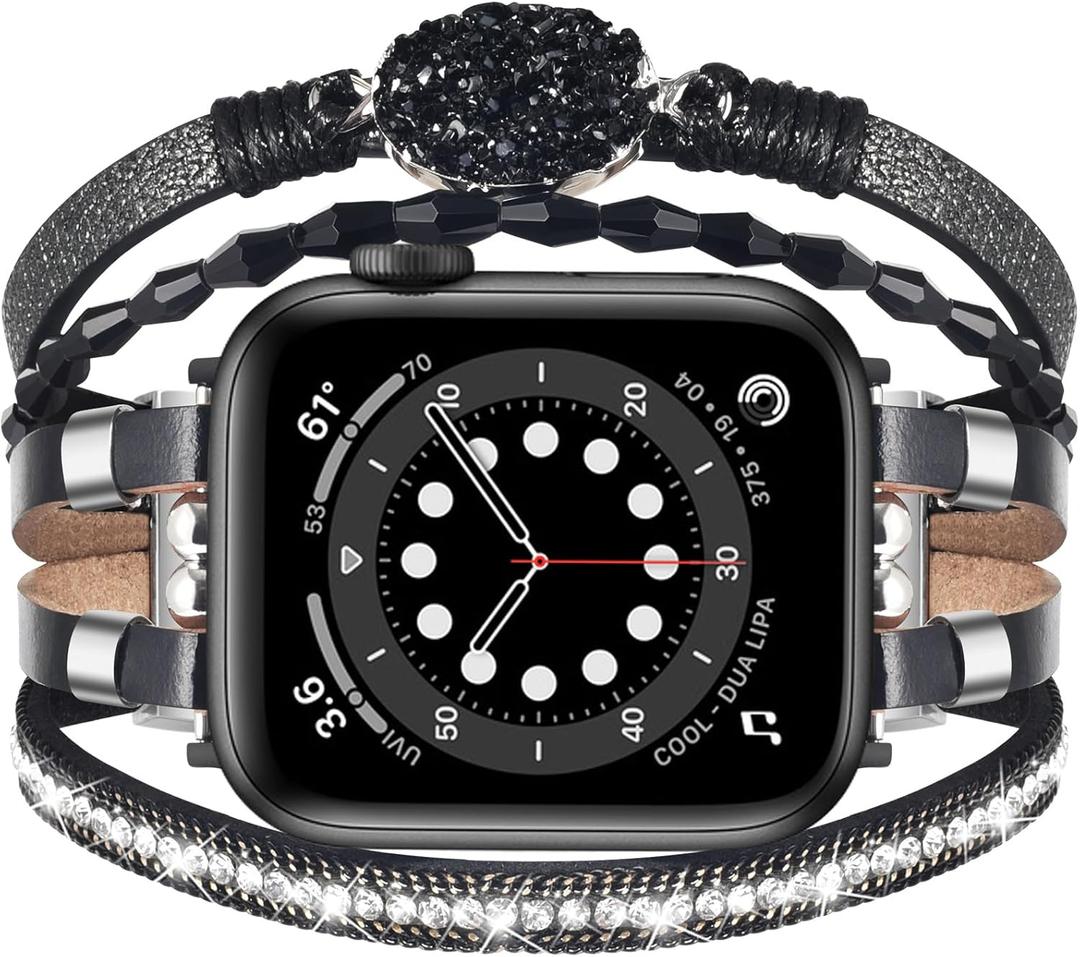 Filoto Boho Watch Band Women Compatible with Apple Watch Band , Dressy Beaded Bracelet Leather Handmade Apple Watch Strap for iWatch, Size: 46(S10/11)/49/45/44/42mm(S1/2/3), (Black)