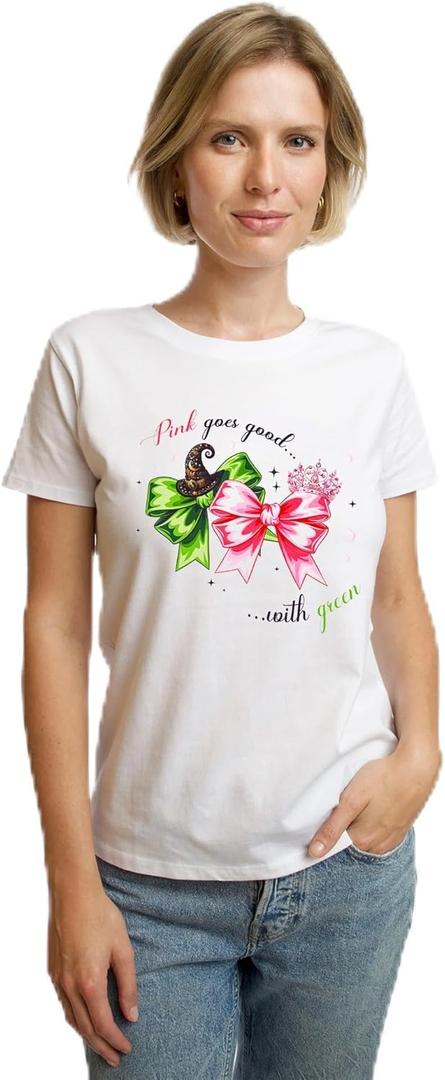 Pink Goes Good with Green Shirt Halloween Witch Costume Tee for Women Girls Cute Funny T-Shirt (White, L)